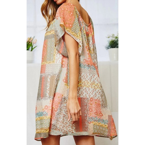 41 Teal flowy boho patchwork off the shoulder flounce sleeve tunic dress - Picture 5 of 5